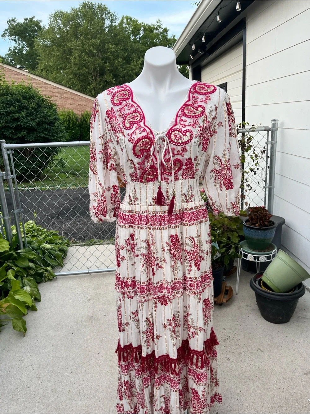 Maxi Dress with Magenta Paisley Print,Tassel Tie and Gold Embellishment - Picture 1 of 4